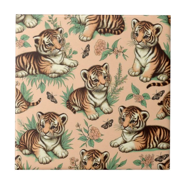 Cute Vintage Baby Tiger Pattern Tile (Front)