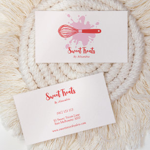 Cute Vintage Bakery Whisk Pink & Red Business Card