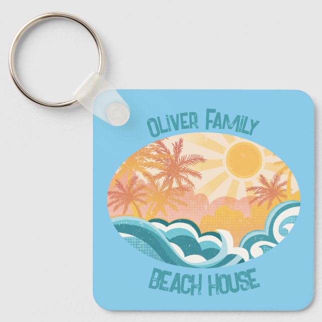 Cute Vintage Beach Waves Sunshine Blue Surfer Keychain (Front)