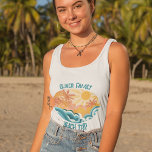 Cute Vintage Beach Waves Sunshine Vacation Women's Tank Top<br><div class="desc">Cute vintage style women's tank tops featuring beautiful teal ocean waves and a bright sun with palm trees in the summer. The cool grunge design is complimented with distressed teal blue custom text for your family vacation or beach trip.</div>