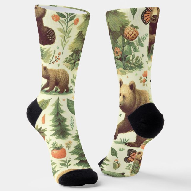Cute Vintage Bear Illustration Socks (Angled)