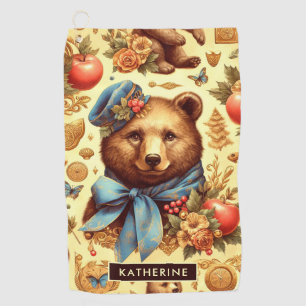 Cute Vintage Bear Watercolor Golf Towel