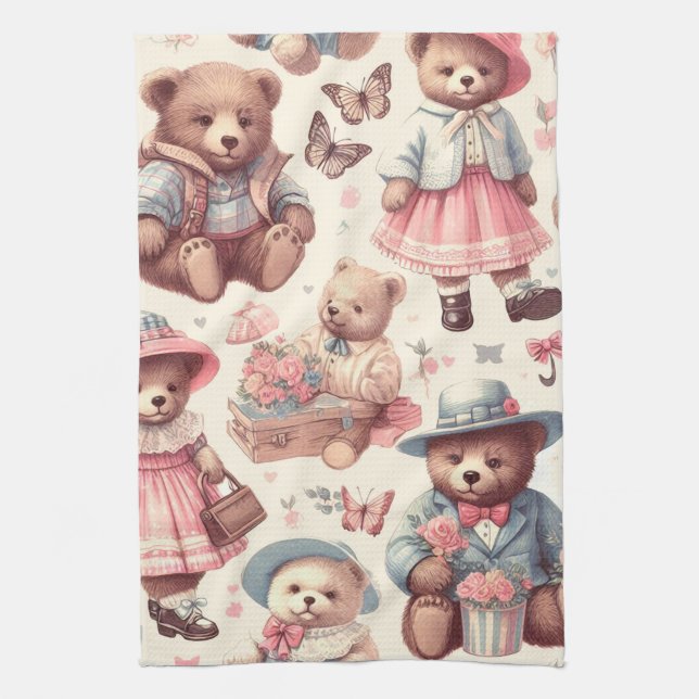 Cute Vintage Bears Seamless Kitchen Towel (Vertical)