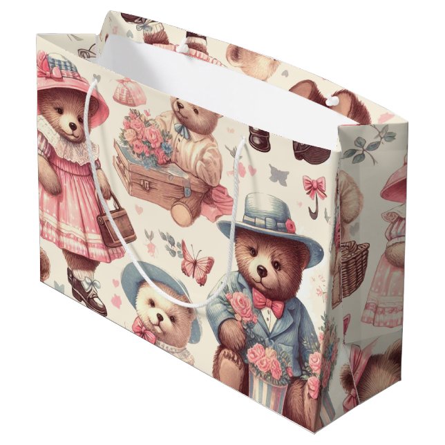 Cute Vintage Bears Seamless Large Gift Bag (Back Angled)