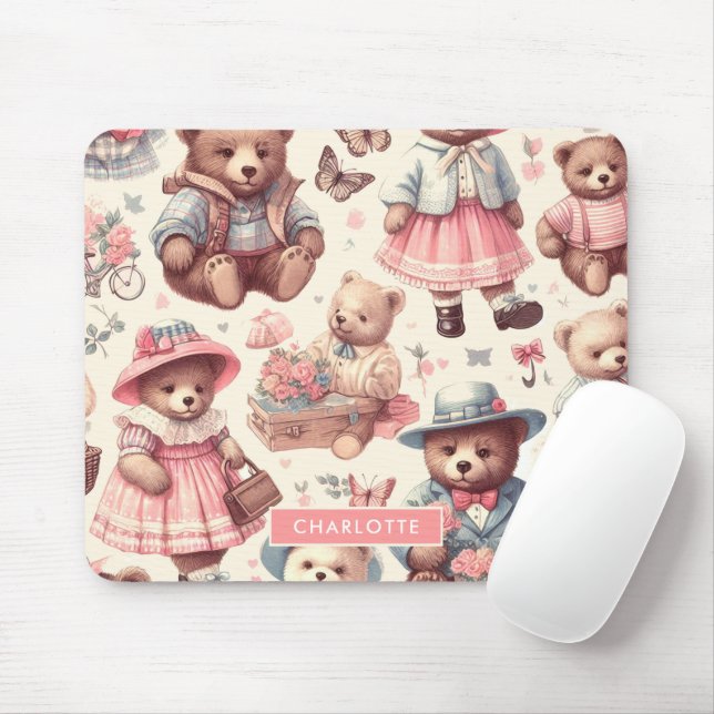 Cute Vintage Bears Seamless Mouse Pad (With Mouse)