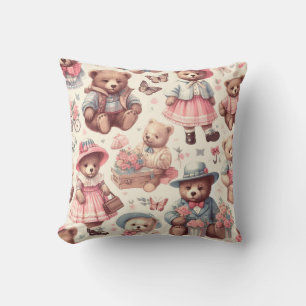 Cute Vintage Bears Seamless Throw Pillow