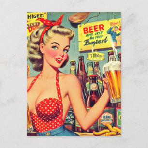 Cute Vintage Beer Pin up Postcard