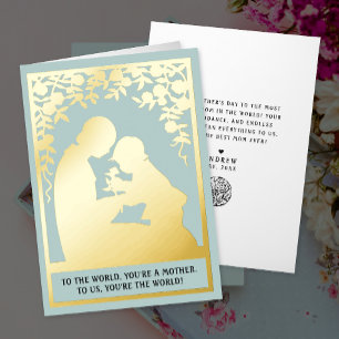 Cute Vintage Best Mom Ever Boy Pastel Blue Floral  Foil Holiday Card