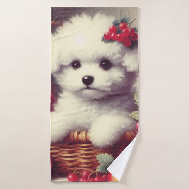Cute Vintage Bichon Frisé Painting Bath Towel (Bath Towel)