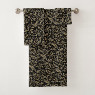 Cute vintage black brown floral pattern bath towel set