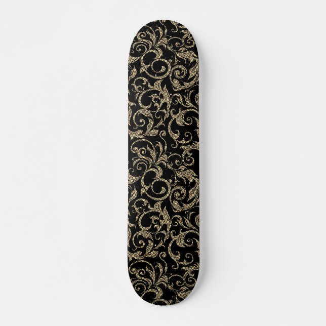 Cute vintage black brown floral pattern skateboard (Front)