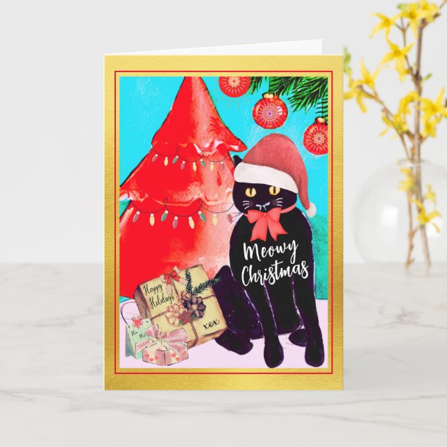 Cute Vintage Black Cat Meowy Christmas Card (Yellow Flower)