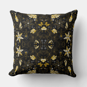 Cute vintage black golden floral background throw pillow