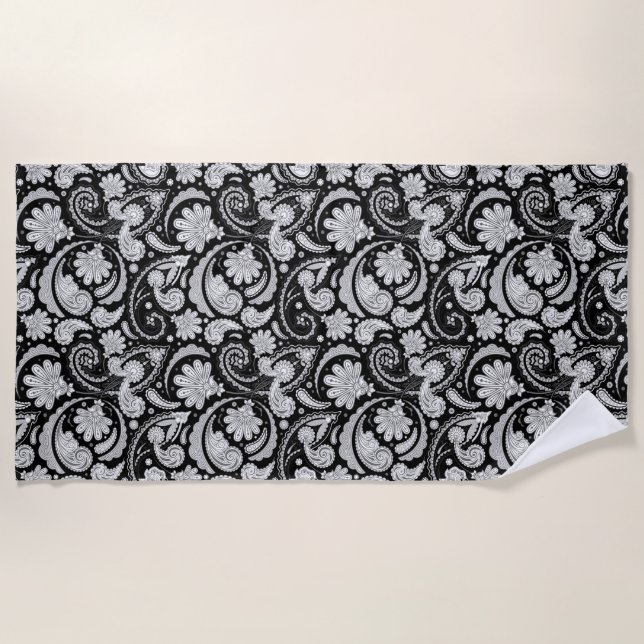 Cute vintage black white paisley patterns beach towel (Front)