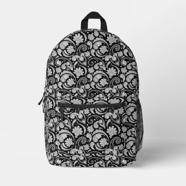 Cute vintage black white paisley patterns printed backpack (Front)