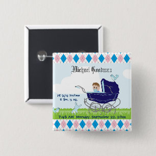 Cute Vintage Blue Baby Boy Carriage 2 Inch Square Button