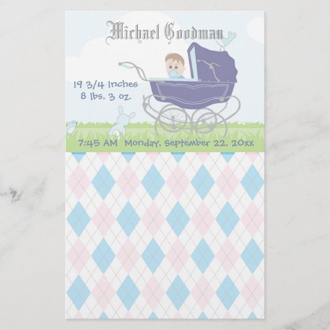 Cute Vintage Blue Baby Boy Carriage Stationery (Front)