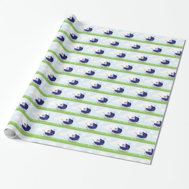 Cute Vintage Blue Baby Boy Carriage Wrapping Paper (Unrolled)