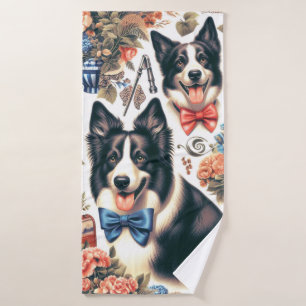 Cute Vintage Border Collie Illustration Bath Towel