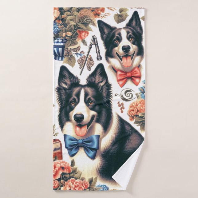 Cute Vintage Border Collie Illustration Bath Towel (Bath Towel)
