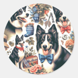 Cute Vintage Border Collie Illustration Classic Round Sticker