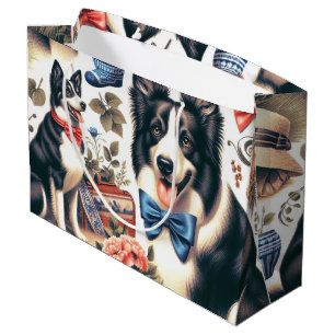 Cute Vintage Border Collie Illustration Large Gift Bag