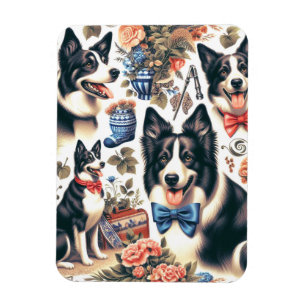 Cute Vintage Border Collie Illustration Magnet