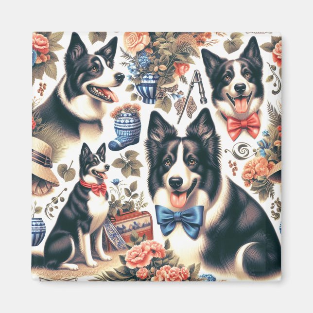 Cute Vintage Border Collie Illustration Magnet (Front)
