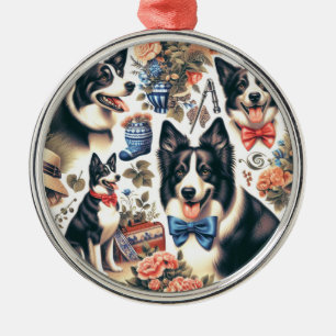 Cute Vintage Border Collie Illustration Metal Ornament