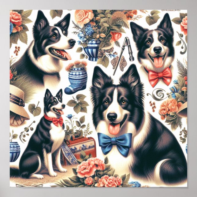 Cute Vintage Border Collie Illustration Poster (Front)