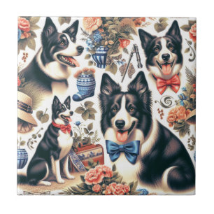Cute Vintage Border Collie Illustration Tile
