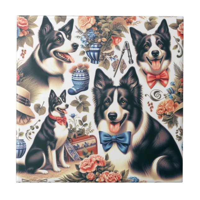 Cute Vintage Border Collie Illustration Tile (Front)