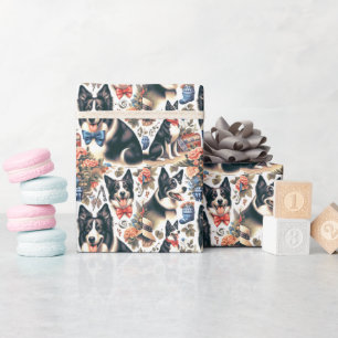 Cute Vintage Border Collie Illustration Wrapping Paper