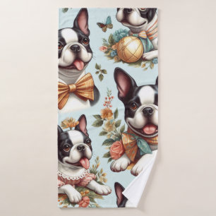 Cute Vintage Boston Terrier Illustration Bath Towel