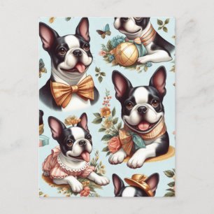 Cute Vintage Boston Terrier Illustration Postcard