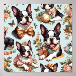 Cute Vintage Boston Terrier Illustration Poster