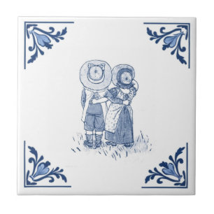 Cute Vintage Boy and Girl Delft Blue & White Tile