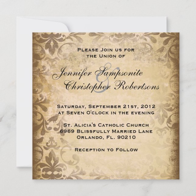 Cute Vintage Brown Damask Elegant Wedding Invitati Invitation (Front)