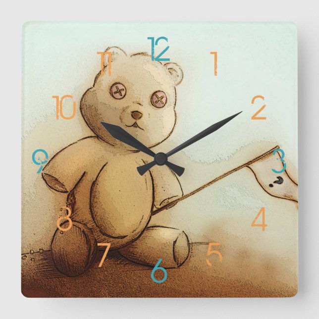 Cute Vintage Brown Teddy Bear, Square Clock (Front)