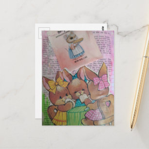 Cute Vintage Bunnies and Mouse Collage Postcard
