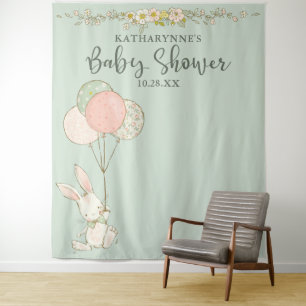 Cute Vintage Bunny Floral Baby Shower Backdrop Tapestry