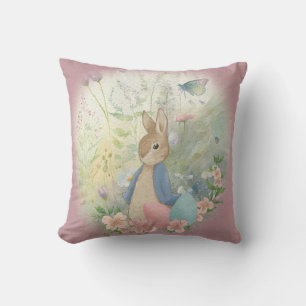 Cute vintage bunny in a clearing with an Easter eg Throw Pillow