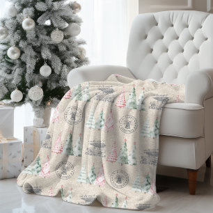 Cute Vintage Burlap Stamp Christmas Tree Pattern  Fleece Blanket
