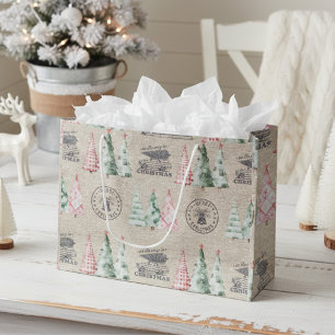 Cute Vintage Burlap Stamp Christmas Tree Pattern  Large Gift Bag