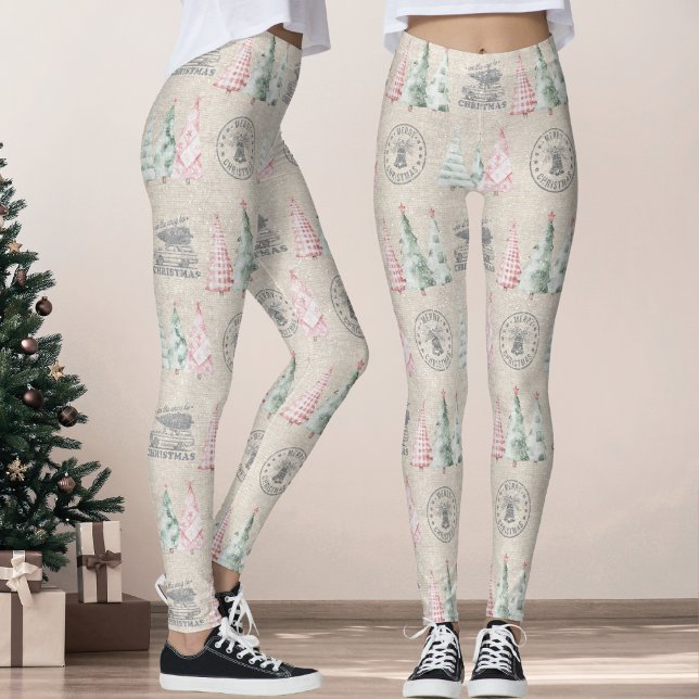 Cute Vintage Burlap Stamp Christmas Tree Pattern  Leggings (Creator Uploaded)