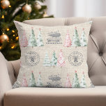 Cute Vintage Burlap Stamp Christmas Tree Pattern  Throw Pillow<br><div class="desc">Introducing the Cute Vintage Burlap Stamp Christmas Tree Pattern Throw Pillow! This charming design features whimsical Christmas trees alongside a classic old car bringing home the perfect Christmas tree, all set against a rustic burlap-inspired background. The blend of vintage appeal and cute holiday elements creates a stylish, nostalgic look, ideal...</div>