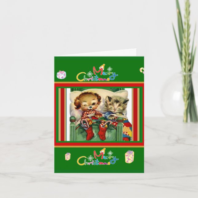 Cute Vintage Card Merry Christmas Kittens Dog (Front)