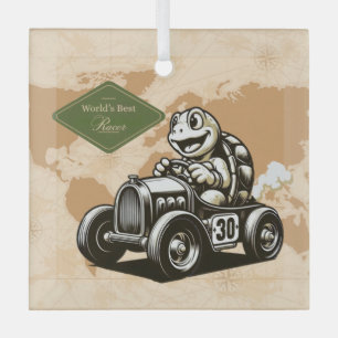 Cute vintage cartoon turtle racer Tri-Blend shirts Glass Ornament