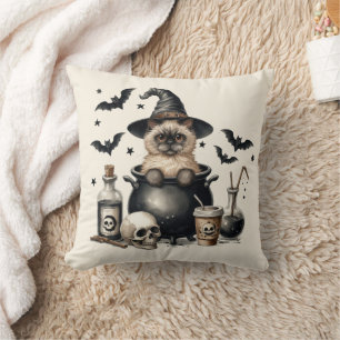 Cute Vintage Cat in a Cauldron Halloween Throw Pillow