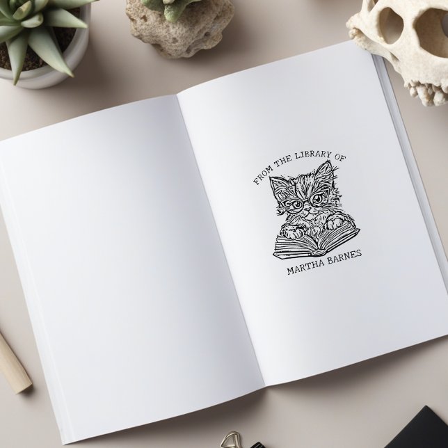 Cute Vintage Cat Library Bookplate Rubber Stamp (Creator Uploaded)